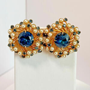 Mid-Century Judy Lee Signed Blue Rhinestone Pearl Gold-Tone Clip-on Earrings